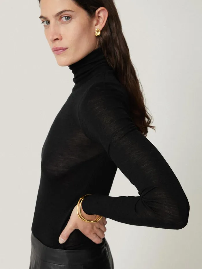 Wool Jersey Polo Neck Top Black Women Jigsaw Knitwear and Cashmere