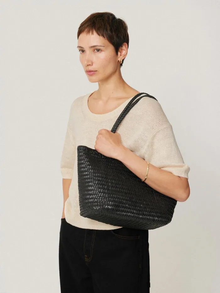 Woven Leather Tote Bag Black Women Jigsaw Bags