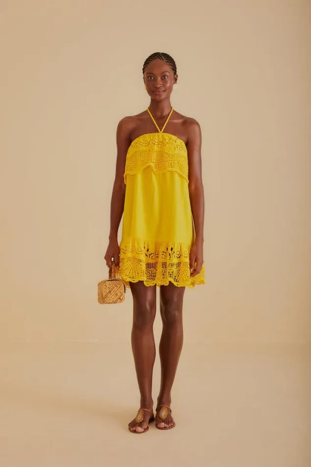 Yellow Embroidered Guipure Euroflax Premium Linen Mini Dress Women FARM Rio Mini Dresses
