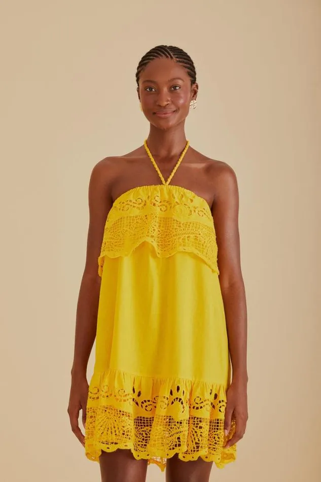 Yellow Embroidered Guipure Euroflax Premium Linen Mini Dress Women FARM Rio Mini Dresses