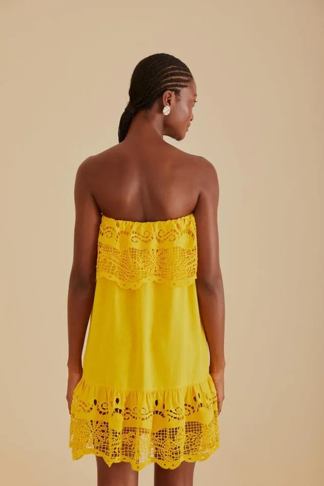 Yellow Embroidered Guipure Euroflax Premium Linen Mini Dress Women FARM Rio Mini Dresses