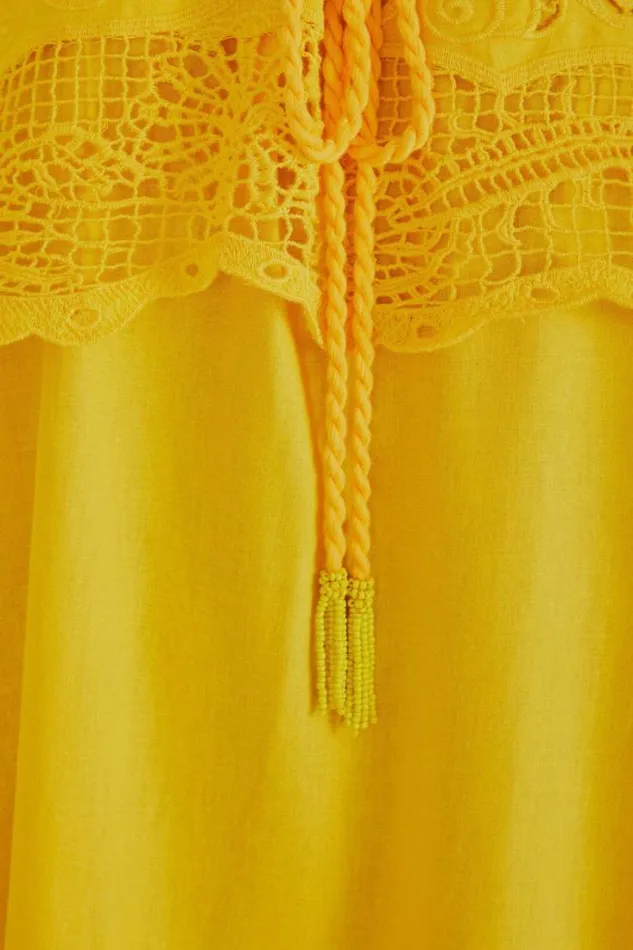 Yellow Embroidered Guipure Euroflax Premium Linen Mini Dress Women FARM Rio Mini Dresses